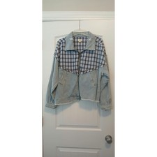POL Womens Light Wash Distressed Denim Plaid Mixed Media Studded Jacket Small picture