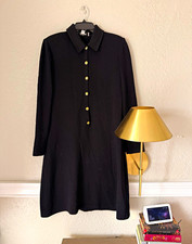 St. John Black Knit Collared Button-Front Shirt Dress Long Sleeve Knee 12 picture