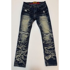 Makobi Mens Distressed Acid Wash Moto Slim Fit Jeans Blue M1911 32x32 picture