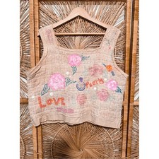 Handmade Vintage Quilt Art Top | Tea Dyed Prairie Boho Cropped Tank picture