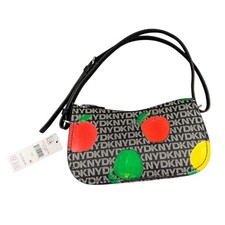 DKNY Jessa Shoulder Bag Black White Logo Fruit Print Baguette R613IR52 NEW picture