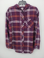 Maurices Top Womens Medium Purple Plaid Flannel Hooded Button Up Long Sleeve picture