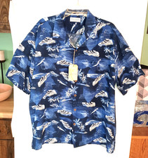 NEW MEN'S CARIBBEAN BLUE BOAT YACHT PALM TREE SILK BLEND HAWAIIAN SHIRT SIZE XL picture
