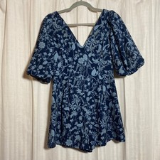 Cottagecore Romantic  Navy Blue Floral Puff Sleeve V-Neck Romper Small B.RIGHT picture