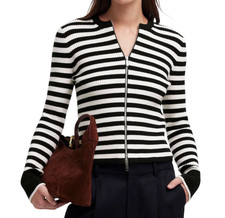 MADEWELL Black & White Striped RIBBED ZIPPER FRONT Cardigan Sweater Slim SIZE S picture