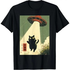 Vintage Japanese Cat Alien Cat Dad UFO Abduction Graphic Tee T-Shirt picture