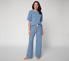 Peace Love World Regular Honeycomb Knit Top and Pant Set Chambray Stripe L New picture