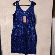 MANER Sequin Dress Women XL Royal Blue Sleeveless V-Neck Mini Cocktail NEW picture