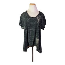 Anthropologie Lil Size 8 Silk Blouse Scoopneck Black Tan Print Ruffled picture
