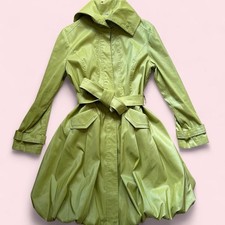 Vintage y2k D&Y Green Satin Bubble Hem Trench Coat Jacket Belted Collar picture