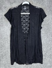 Vanity Sheer Floral Lace Open Front Top Womens Sz L Black Rayon Slub Whimsigoth picture