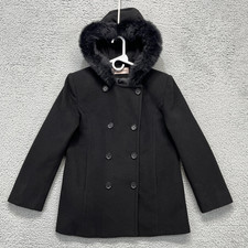 Mackintosh Pea Coat Womens Small Black Wool Faux Fur Hood Double Breasted USA picture