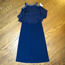 Alex Evenings Blue Beaded Cold Shoulder Chiffon Long Gown 3/4 Sleeve Sz 14 picture