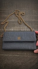 Authentic Chanel Camellia Wallet on Chain Gray Dyed Leather Added Gold Chain picture