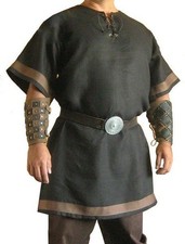 Black Brown Trim Medieval Viking Tunic Short Sleeve Lace Up Costume Top M picture