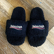 Balenciaga Men's Black Faux Fur Lined Logo Slide Slippers Open Toe Slip-On picture