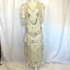 Vintage Beaded Sequined Silk Dress Midi Drop Waist Women's M Cream Gorgeous picture