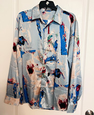 ZEROYAA Men's Abstract Print Long Sleeve Spread Collar Button-Up Shirt M picture