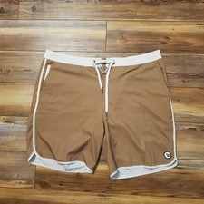 NWOT Vuori Cruise Boardshorts Brown Micro Dot Mens 38 Scalloped Swim Trunks V314 picture
