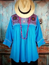 Lg Peasant Blouse Hand Embroidered Turquoise Cotton Mayan Chiapas Mexico Hippie picture