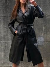 1980s Handmade Long Black Genuine Leather Trench Coat Women’s Belted Style picture
