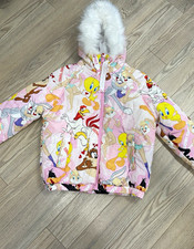 Members Only Looney Tunes Pink Puffer Jacket Hooded Faux Fur Trim Womens M picture