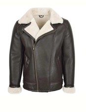 Men's Brown Genuine Zip Aviator Biker Jacket Sheepskin Leather Cream Faux Fur picture