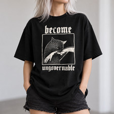 Become Ungovernable Funny Graphic Cat Biting Hand T-shirt, Vintage Graphic Tee picture