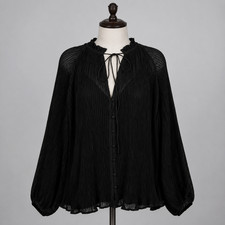 Maje Blouse Womens 3 Large Black Pleated Chiffon Ruffle Button Balloon Sleeve picture