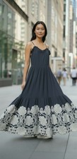 Pearl By Lela Rose Spaghetti Strap Dress Womens XS Navy Ruffle Bodice Floral Hem picture