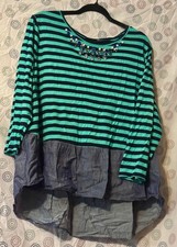 Crown & Ivy Women’s 2X Green Navy Striped Embellished Ruffle Hem Tunic Top picture