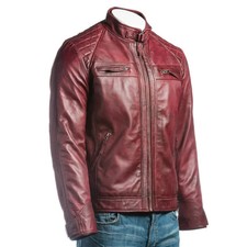 Mens Vintage Burgundy Lambskin Leather Classic Smooth Butter Soft Leather Jacket picture