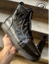 Men’s Handmade Leather High Top Sneakers Croc Embossed Full Grain Custom Shoes picture