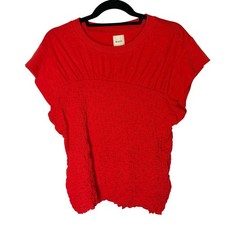 Maeve Anthro Red Textured Gauze Knit Top Size L Boho Mixed Media Cap Sleeve Tee picture