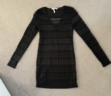 BCBGeneration Dress Womens Sheer Striped Lace Crochet Long Sleeve V Neck Black S picture