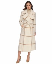 DKNY Wrap Coat Large Ivory Cream Windowpane Wool Blend Belted Trench NWT $500 picture