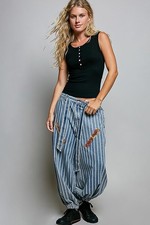 POL Clothing Women's Striped Relaxed Denim Drawstring Jeans Pants picture