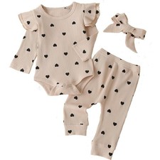 Baby Girl's 3pc Rib Frill Long Sleeve Romper and Pant Set picture