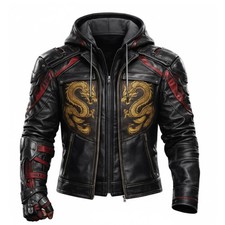 Men’s Handmade Black Leather Dragon Bomber Jacket Embroidered Tactical Techwear picture
