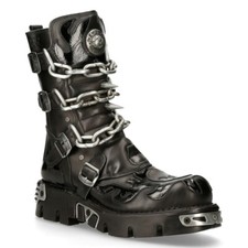New Rock Unisex M.727-S1 Black Leather Boots Skull Chain Flame Reactor Boots picture
