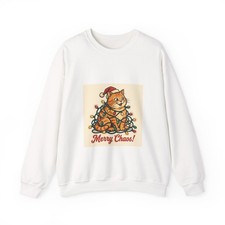 Merry Chaos Christmas Cat Sweatshirt - Retro Vintage Funny Cat in Lights picture