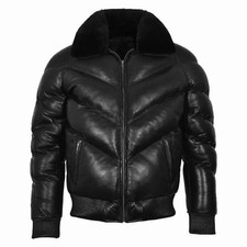 Men’s Black Sheepskin Leather Puffer Bomber Jacket Soft Collar Warm Winter Coat picture