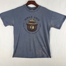 Anvil Vintage Smokey Bear Prevent Wildfires Graphic Blue Cotton T-Shirt Size M picture