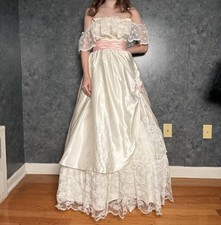 Vintage 70s Off the Shoulder Lace & Satin Wedding Dress | Pink Sash Prairie | 4 picture
