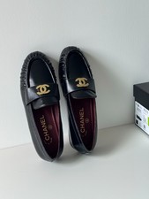 CHAN EL 26A Black Leather Moccasin Pleated Loafers CC LOGO Pumps Sizes 35 to 40 picture