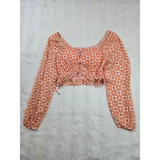 Womens Small Orange Retro Hippie 70s Floral Long Sleeve Smocked Crop Top picture