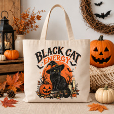 Vintage Black Cat Energy Canvas Tote Bag Spooky Witch Pumpkin Fall Book Bag Gift picture