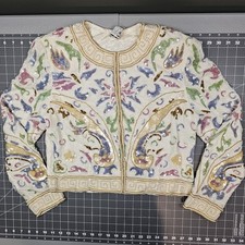 Vintage Paisley Pearl Beaded Sequined Cropped Silk Jacket Medium 80s 90s Couture picture