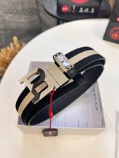 Bally Men's Canvas Belt Black Beige Stripe Automatic Buckle New picture