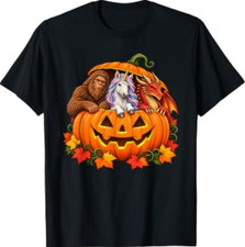 Jack O Lantern Pumpkin Bigfoot Unicorn Dragon Halloween T-Shirt picture